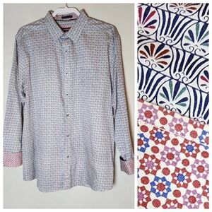 Johnston & Murphy Flip Cuff Long Sleeve Button Shirt Blue White Multi Size XL